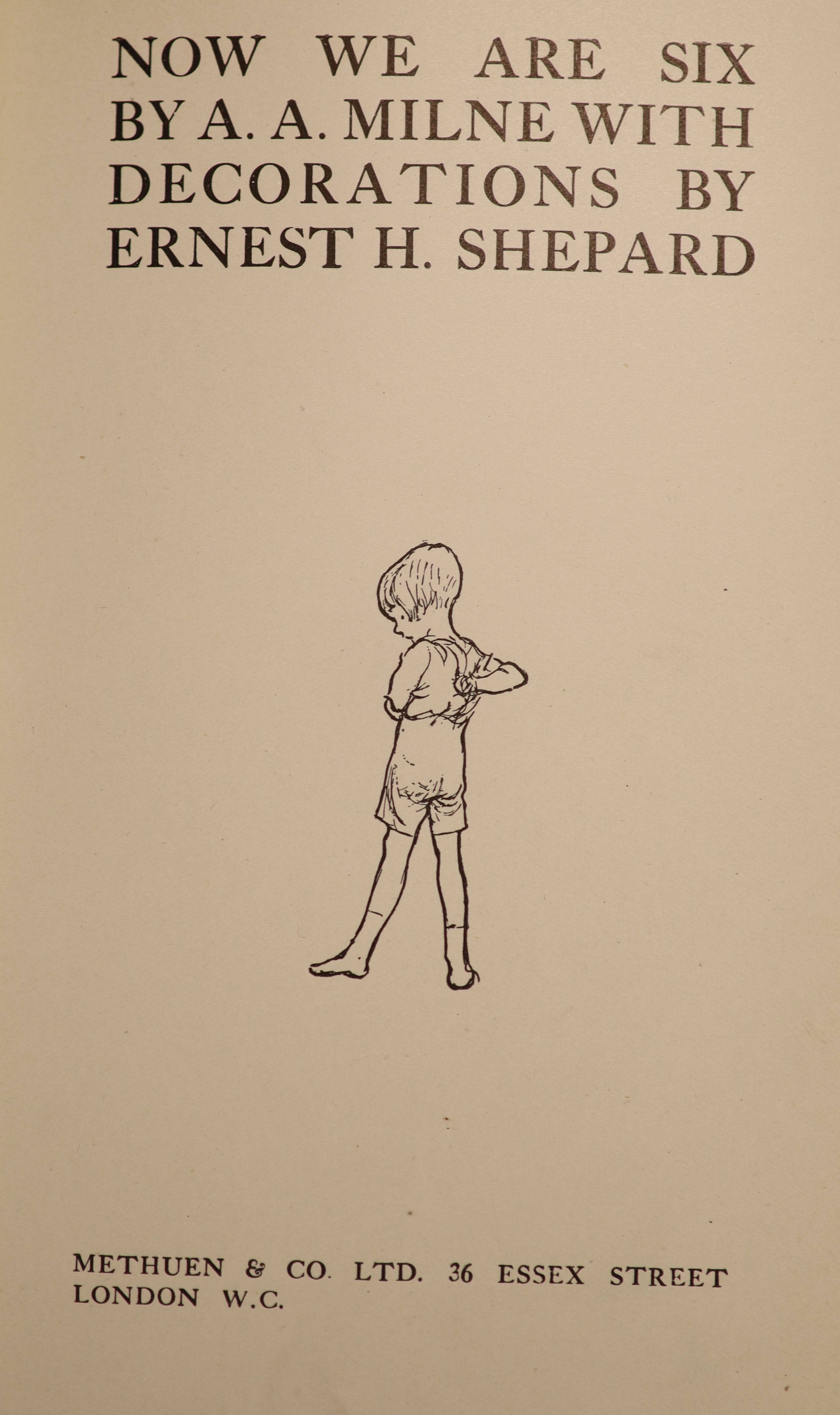 Milne, Alan Alexander - 3 works, all illustrated by Ernest H. Shepard - Now We Are Six, 1st edition, 8vo, original cloth gilt, faded ink ownership inscription to front fly leaf, London, 1927; The House at Pooh Corner, 1s